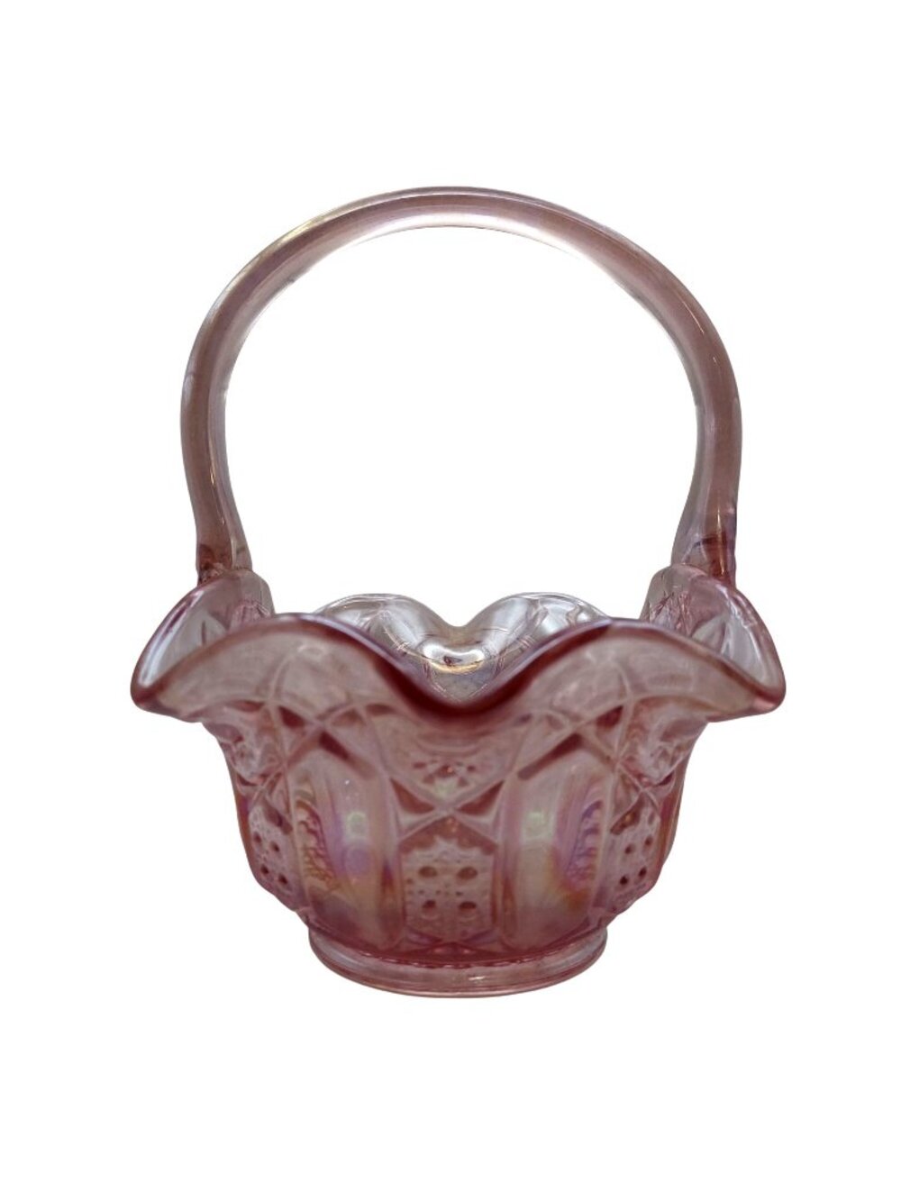L E Smith Carnival Glass Basket Pink Iridescent Button & Arch Ruffled Vintage